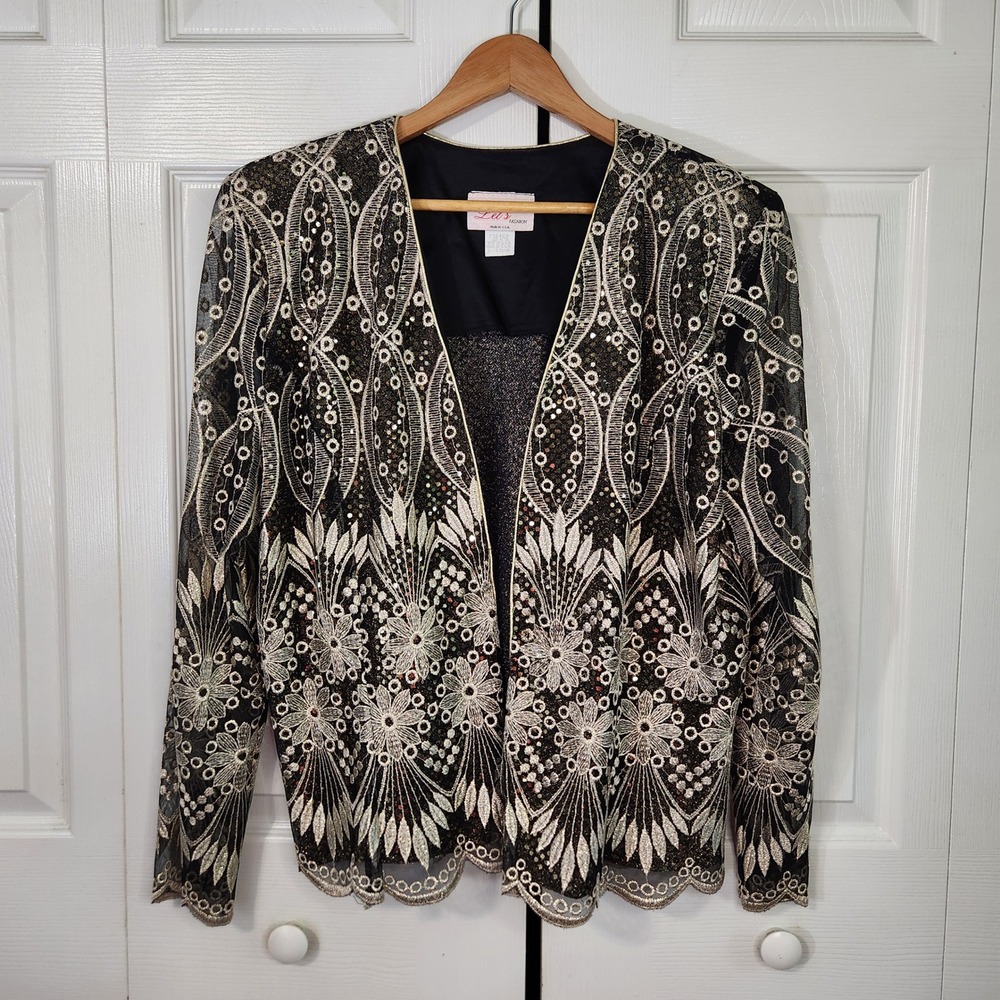 Lets Fashion Womens XL Black Gold Silver Sequin‎ Floral Mesh Evening Jacket USA